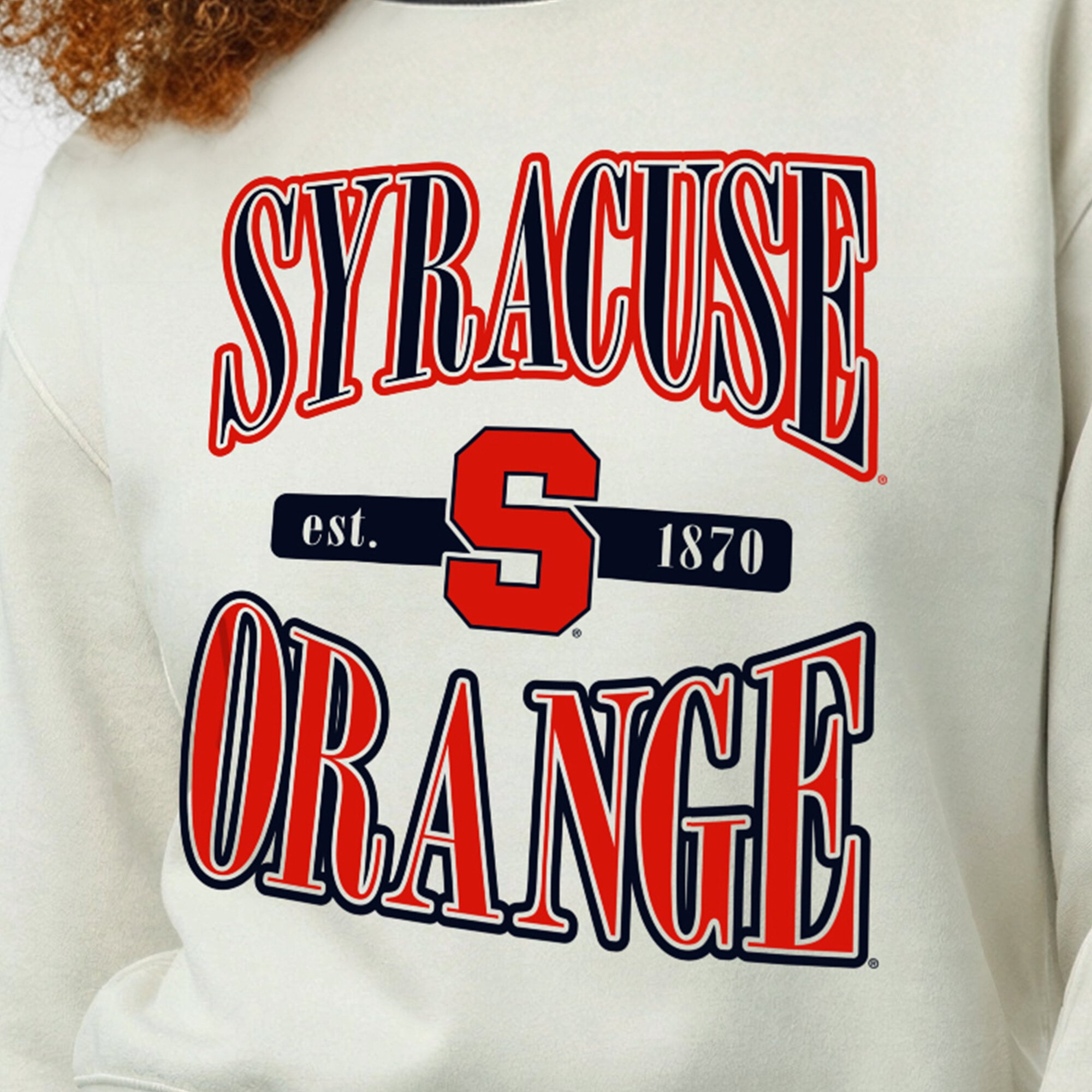 Women's Champion  White Syracuse Orange Yarn Dye Rib Reverse Weave Crew Sweatshirt